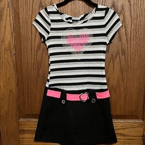 Striped Black and White Dress with Pink Heart Accent